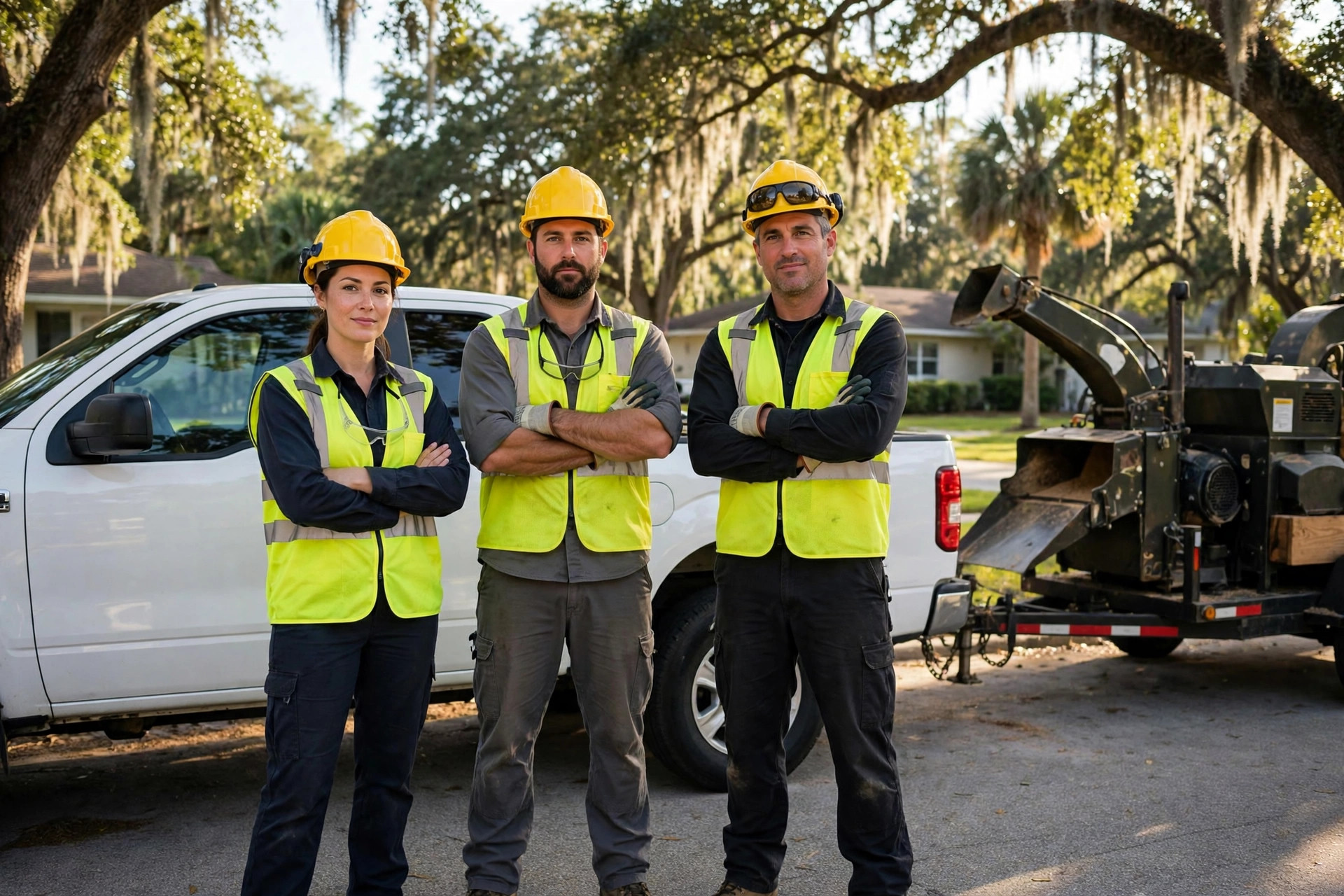 Tree service crew in safety gear standing by their work truck and chipper