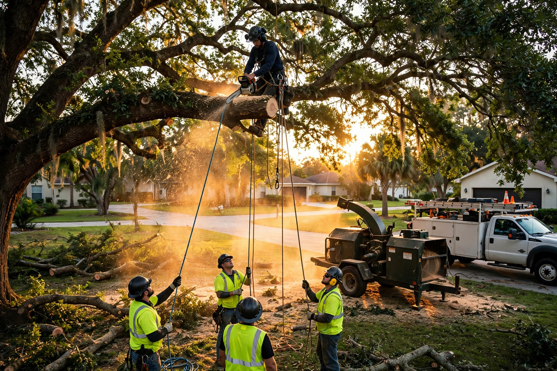 Tree crew removing a large oak in a Tampa yard at sunset, climber cutting with a chainsaw while the ground crew manages ropes