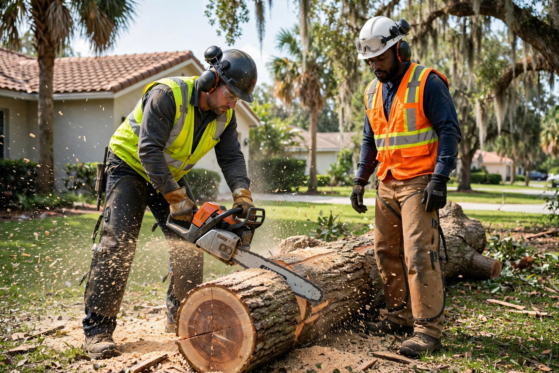 Crew cutting a large tree trunk section with a chainsaw