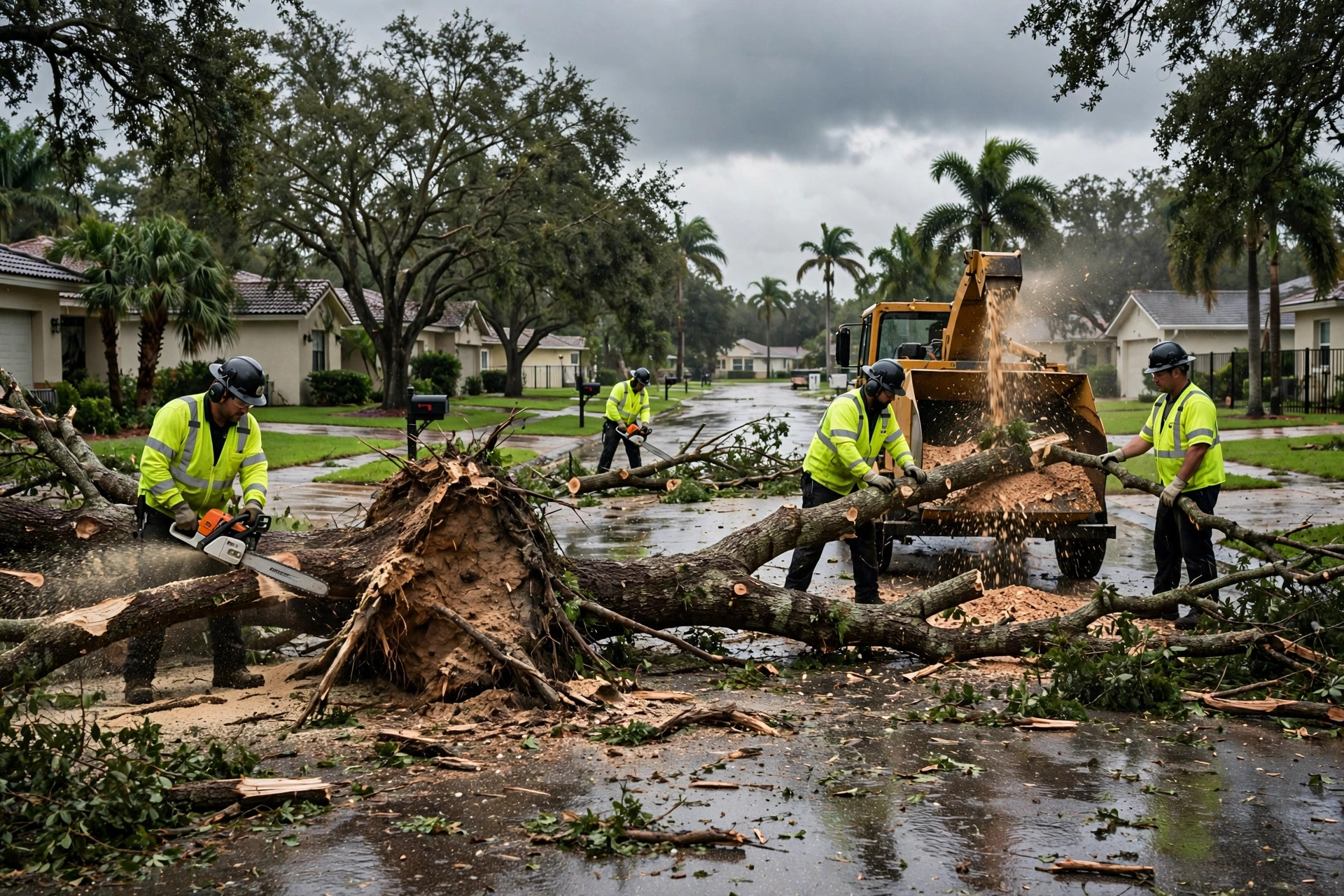 Emergency crew clearing a storm-fallen tree from a Florida street