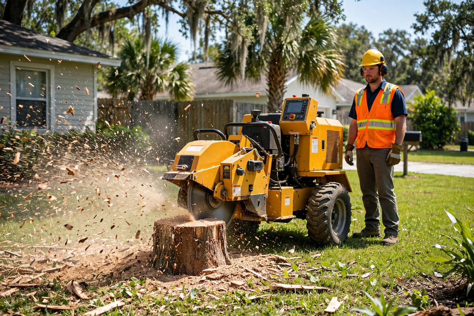 Stump grinder chewing through a tree stump in a Florida lawn