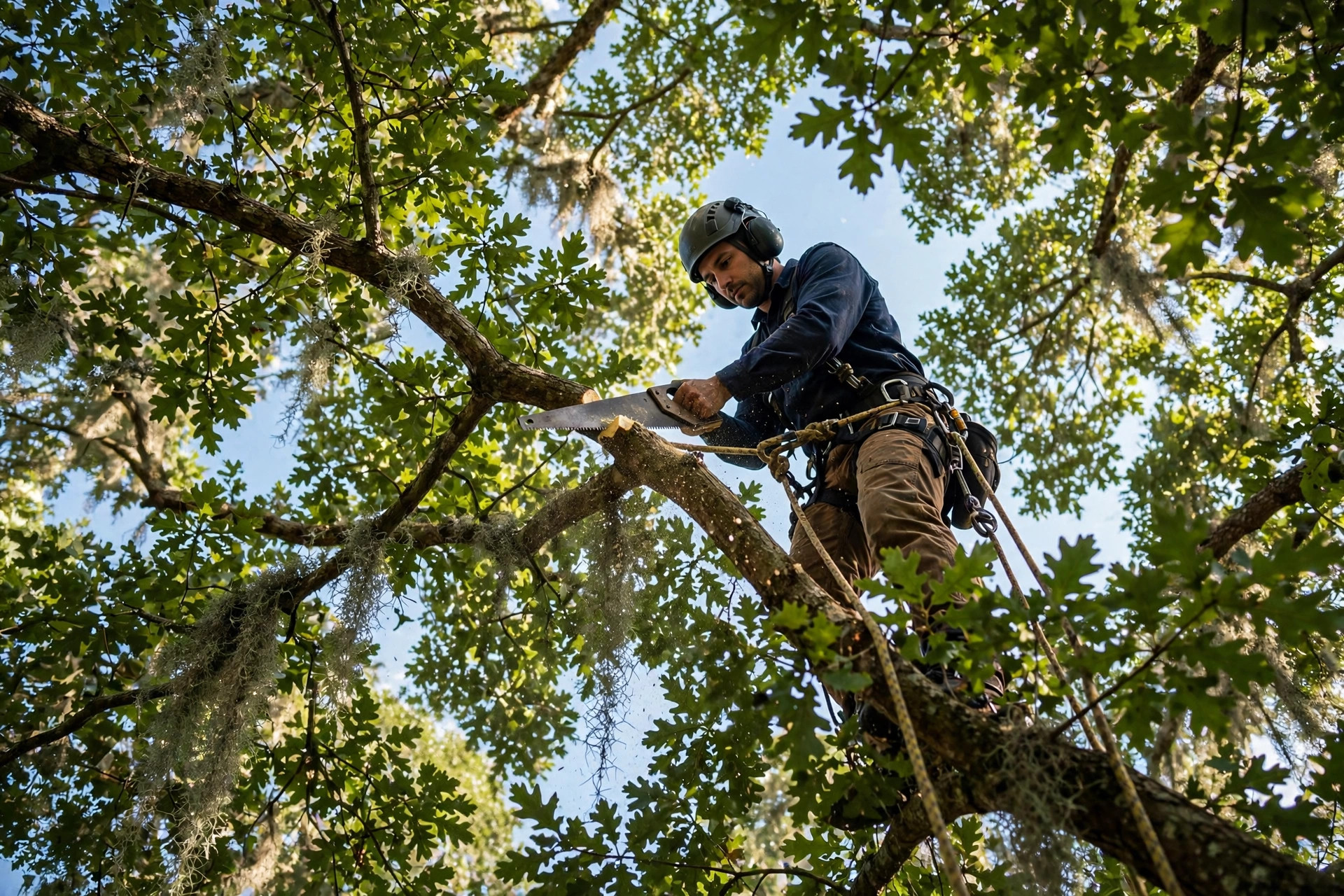 Arborist pruning high in a mature oak canopy on climbing ropes