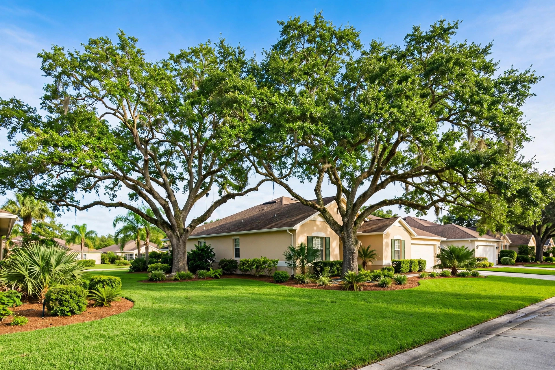 Clean Tampa yard after professional tree trimming, healthy oaks and tidy lawn